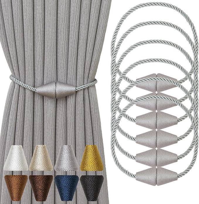 Magnetic Curtain Tiebacks 6 Pack Outdoor Rope Curtain Tie Backs Decorative Window Treatment Holdbacks for Home Decorative Curtain, Grey