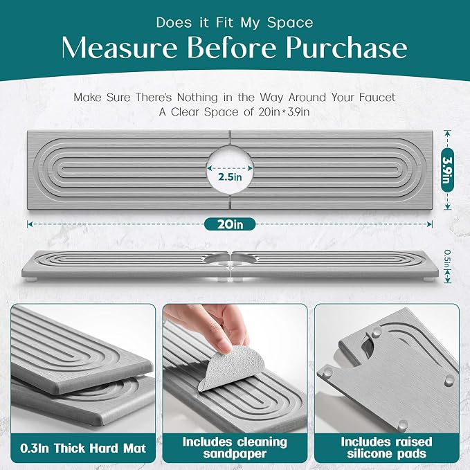 eormoe Faucet Mat for Kitchen Sink - Diatomaceous Earth Faucet Splash Guard, Fast Drying Sink Protector - Water Absorbing Stone for Bathroom Sink (Grey, 20'' x 3.9'')