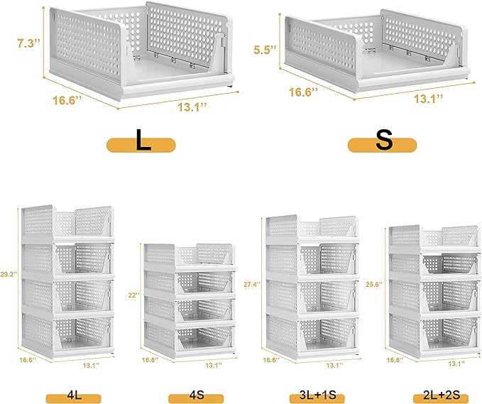 Proarea Stackable Plastic Storage Basket Closet Organizer Bin Foldable Clothes Organizer Storage Drawer Shelf Container for Living Room Bathroom Kitchen Office Laundry Room