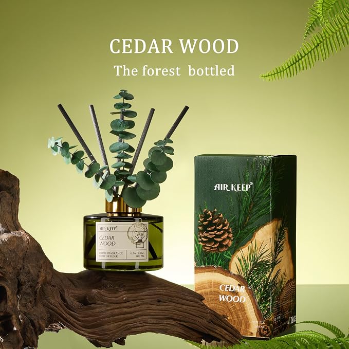 Reed Diffuser Set with 6.76 fl oz Cedar Wood Scent Essential Oils and 3 Leaves & 8 Diffuser Sticks,Bathroom Shelf Decor & Air Freshener, House Bedroom Office Decor & Gifts