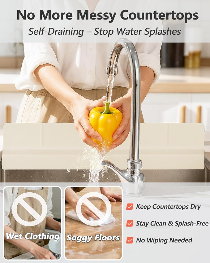 Kitchen Sink Splash Guard 23" 18" 30" Self-Draining Silicone Water Guard with High Splash Wall & Strong Suction Cups for Faucet, Countertop & Sink Edge, Keeps Sinks Dry, Dishwasher Safe,Cream