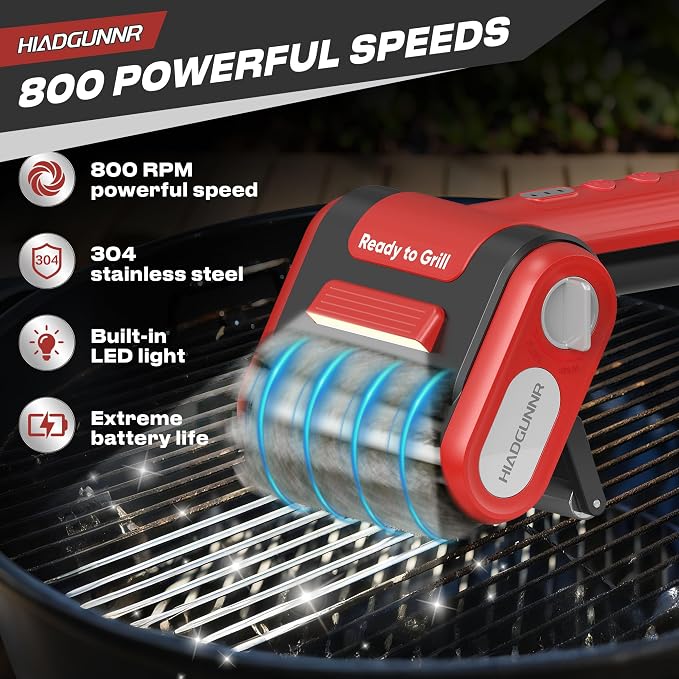 Electric Grill Brush, Grill Cleaner with LED Light, 700–800 RPM Stainless Steel Bristles, 304 Removable Brush Head, Cordless & Type-C Rechargeable Grill Cleaning Tool for Outdoor BBQ