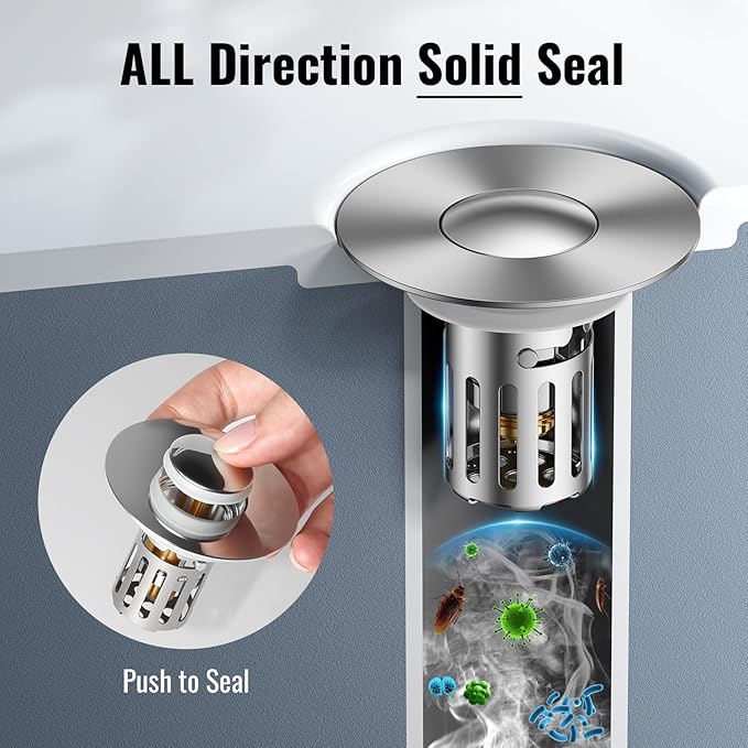 5-in-1 Bathroom Sink Stopper, 2 Pc Pop-Up Sink Drain Strainer with Removable Bascket, Anti-Clog Strainer, Odor Blocking & One-Way Flow Design, Brass & Stainless Steel All Metal Made, Fit 1.1"–2.36"
