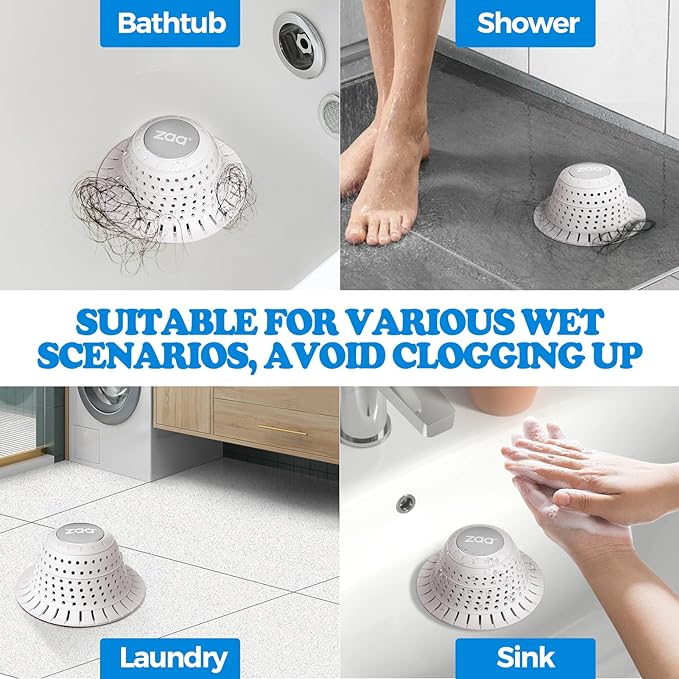 zaa Bathtub Drain Hair Catcher, Premium Silicone Shower Hair Catcher, 1Pack Hair Stopper for Pop Up & Regular Drains of Shower, Bathtub, Bathroom Sink, Bathroom Fixture Accessories, White
