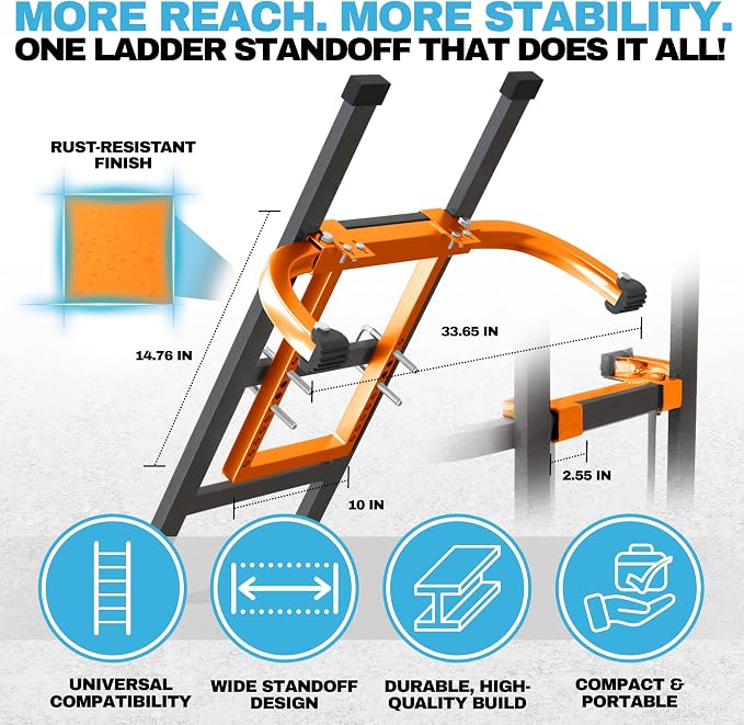 Heavy Duty Ladder Stabilizer | Carbon Steel Extension Ladder Standoff with Anti-Slip Rubber Feet for Gutter Cleaning, Painting & Roofing - Professional Grade Ladder Accessory for Extension Ladders