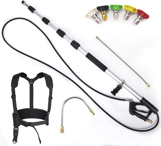 Pressure Washers Telescoping Extension Wand Commercial Grade 4000 psi Spray Pole with Support Belt Harness and Gutter Cleaner Attachment
