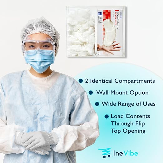 IneVibe 2 Compartment Hygiene Holder with Lid for Home or Office (Double) | Double Acrylic Dispenser For Hairnets, Glove Boxes, Face Masks, Plastic Bags, Tissue Boxes, Medical- Countertop or Wall Mount