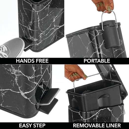 mDesign Slim Metal Rectangle 1.3 Gallon/5 Liter Trash Can with Step Pedal, Easy-Close Lid, Removable Liner - Narrow Wastebasket Garbage Container Bin for Bathroom, Bedroom, Kitchen - Black Marble