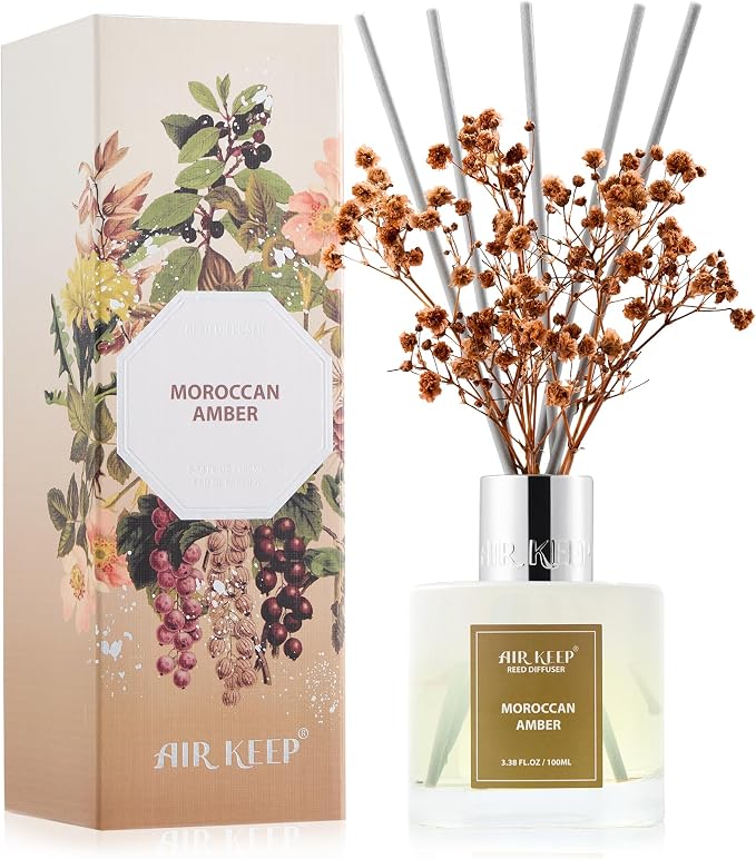 Reed Diffuser Set,3.38 fl oz (100 ml) - Moroccan Amber Oil Diffusers with 8 Reed Sticks, Home Fragrance Reed Diffuser for Bathroom Shelf Decor