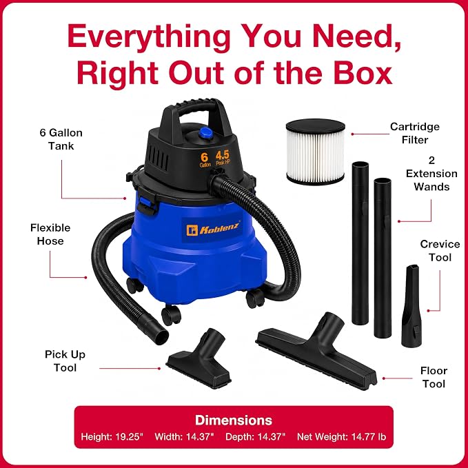 Koblenz WD-6 L212 Wet Dry Vacuum Cleaner, 6 Gallon | 3-in-1 Suction & Blower, 16 ft Reach, Big Cleaner for Car, Shop Vacuum Wet and Dry, Swivel Casters, Black/Blue