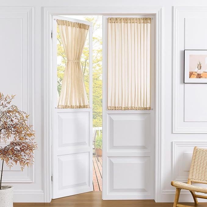 Tollpiz Short Sheer Door Curtains Closet Linen Textured Curtains Sheer Doorway Light Filtering Voile Patio Glass Door Rod Pocket Curtain French Door, 54 x 40 inches Long, Beige, Set of 1 Panel