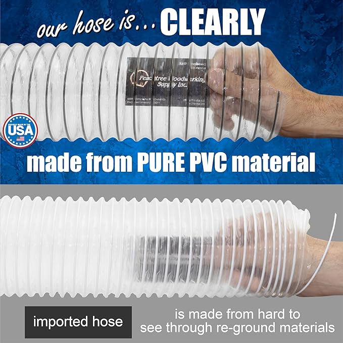 PVC Dust Collection Hose w/4 Thumbscrew Clamps, Puncture Resistant, Carbon Steel Wire, Clear Flexible PVC Dust Collector Hose, Proudly Made in USA (4" x 10')