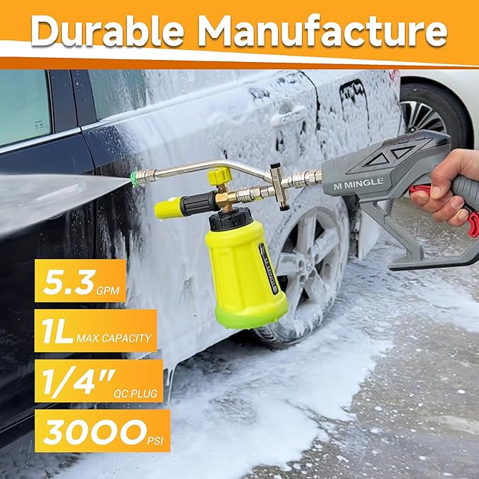M MINGLE Pressure Washer Gun with Foam Cannon & Dual Connector Accessory | Car Wash Foam Gun Kit with 1/4 Inch Quick Connector, 5 Pressure Washer Nozzle Tips