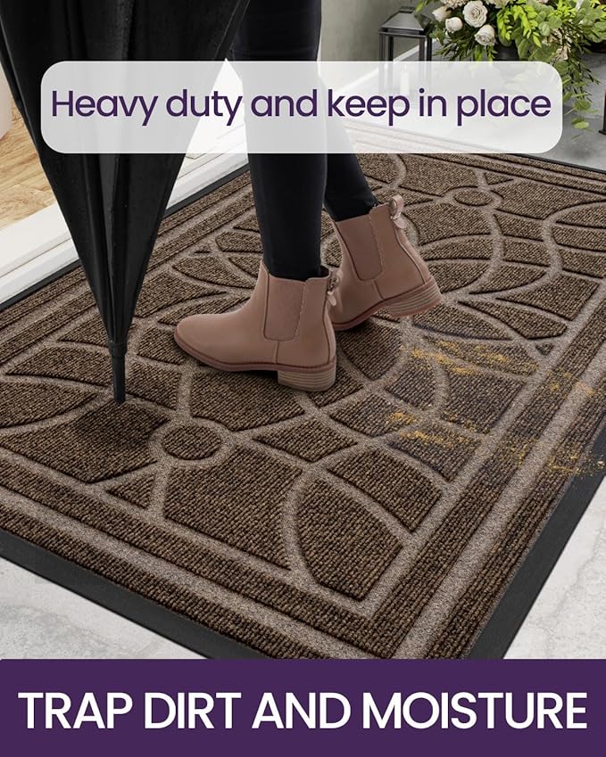 DEXI Front Door Mat Outside Entrance, Heavy Duty Non Slip Low Profile Doormat for Entryway, Trap Dirt and Moisture Welcome Mats, Easy Clean, Patio, Garage, 17x29, Brown