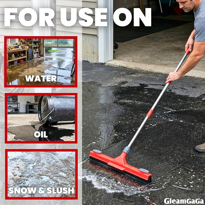 Floor Squeegee with 2 Replaceable Heads and Extendable 62" Long Handle | Double the Lifespan, 17" EVA Foam Blade, for Garage, Concrete, Tile, Patio, Pool, Shower & Uneven Surface Cleaning