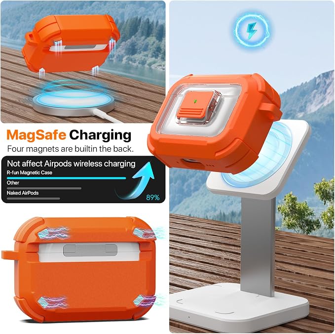 R-FUN for AirPods Pro 3 Case with Lock Magnetic Lid MagSafe, Orange | Compatible Apple AirPods Pro 3, Compatible MagSafe, Protective Case with Cleaner Kit & Carabiner, Powerful Drop Protection