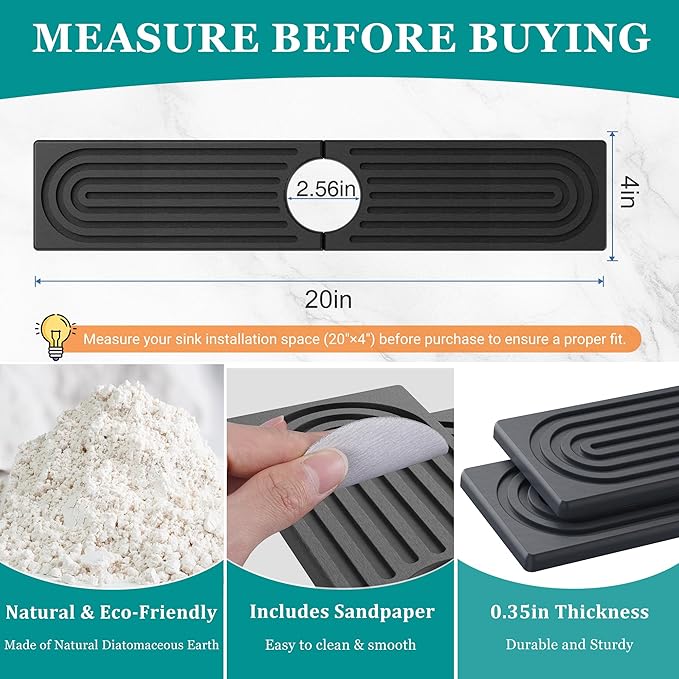 Stone Faucet Mat for Kitchen Sink - Quick Dry Diatomite Sink Splash Guard, Prevents Moisture Buildup & Water Stains, Water Absorbing Stone Tray for Bathroom Countertop (Dark Gray, 20" x 4")