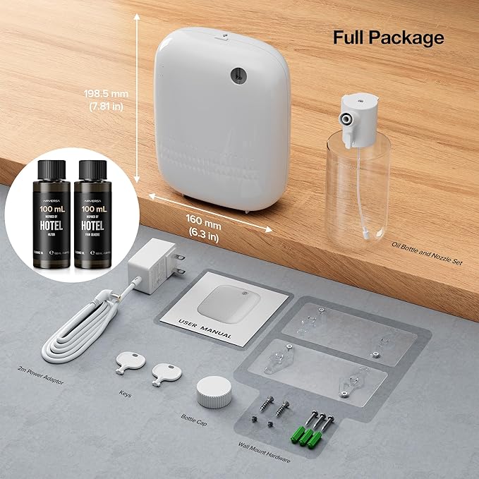 Airversa ANW Smart Waterless Diffuser Starter Kit for Room,White | 2x100 mL Hotel Scent Fragrance Oil, Up to 2000 sq ft, App Control, 400mL, DC-12V/1A Adapter, Scent Air Machine, ANWKit-2x100