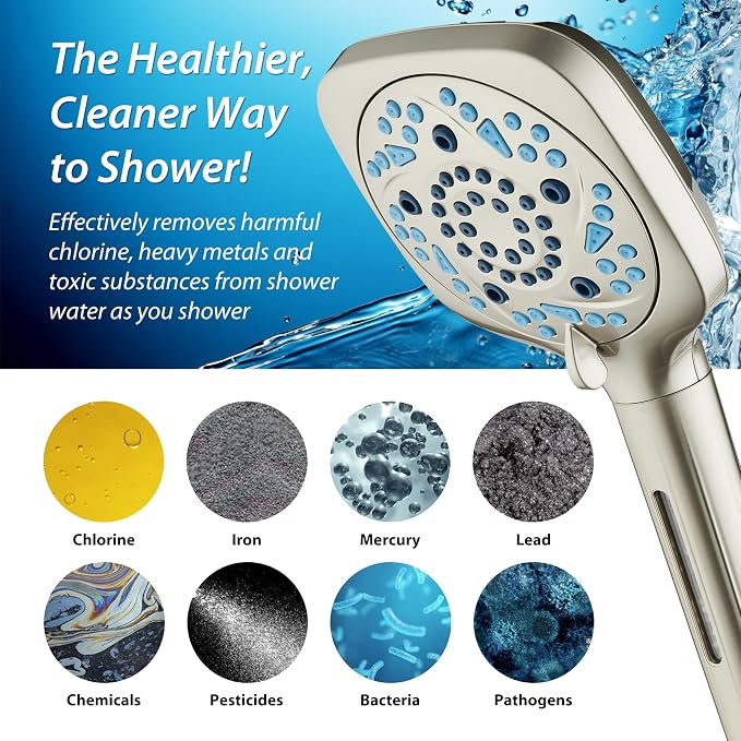 AquaCare 82-Mode High Pressure 6-way Combo with Filter & 2-mode Power Wash | Filters Chlorine & Toxins, Softens Hard Water for Healthy Skin & Hair. Handheld Shower Head Cleans Tub, Tile & Pets / Nickel