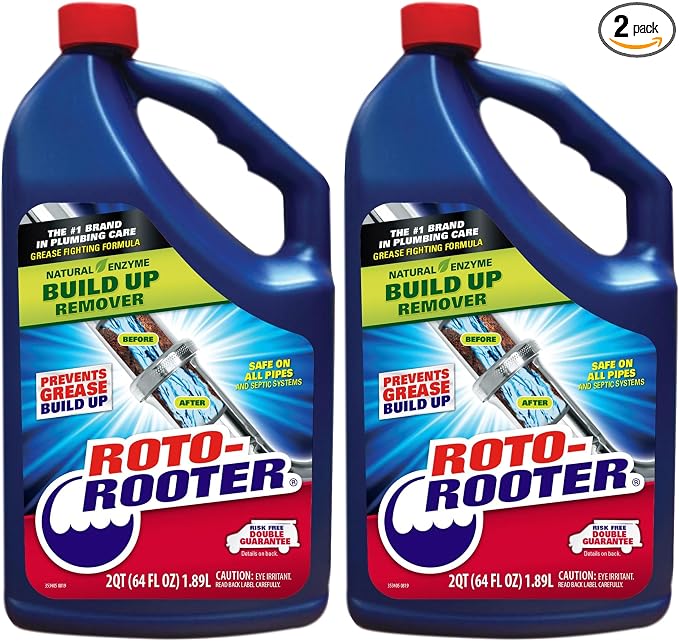 Roto-Rooter Build-Up Remover Drain Cleaner, Enzyme-Based Formula Helps Prevent Clogs and Grease Buildup, Removes Odor, Safe for Septic Systems, Pipes, Toilets, Drains and Sinks, 64 oz (Pack of 2)