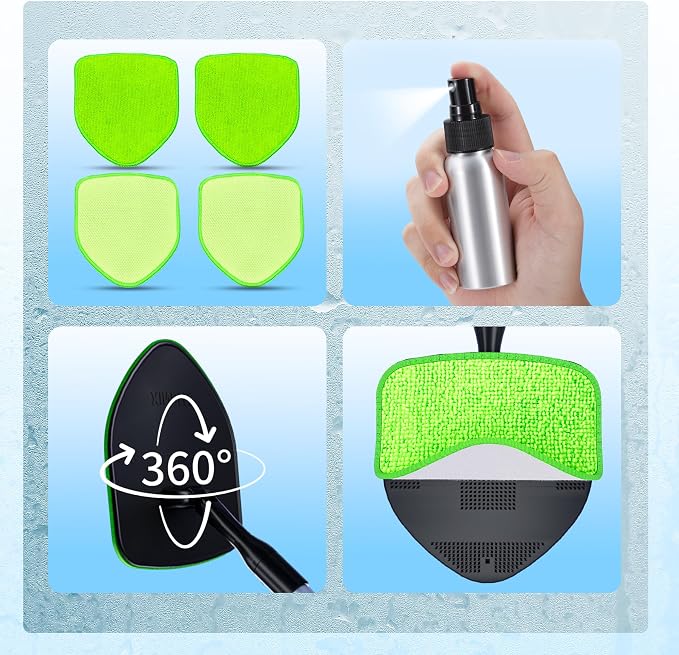 XINDELL Interior Windshield Cleaner Tool, Car Window Cleaning Kit with 4 Reusable Microfiber Pads, Extendable Handle & 360° Rotating Head, Safety Hammer, Streak-Free Auto Glass Wiper for Truck SUV RV