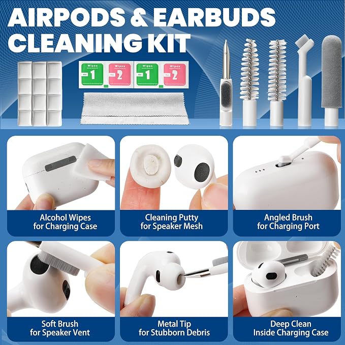 Phone Cleaning Kit (57PCS), iPhone Cleaning Kit, Airbud Cleaning Kit for AirPods, Keyboard Cleaning Kit, Charging Port Cleaner for Apple Lightning/Android USB-C (White, with 10 Mini Brush)