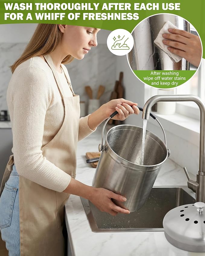 Countertop Compost Bin Kitchen Stainless Steel 1.3 Gallon | With Lid, 2 Charcoal Filter for Odorless Composting, SOFT-GRIP Handle