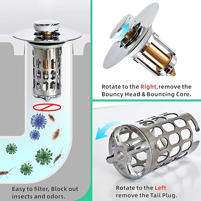 All Metal Pop-Up Stopper(1 Pack，Chrome) Bathroom Sink Drain Strainer Hair Catcher 304 Stainless Steel Filter Basket Brass Bullet Core for Washbasin with a Drainage Outlet of Size 1.1"-1.5"