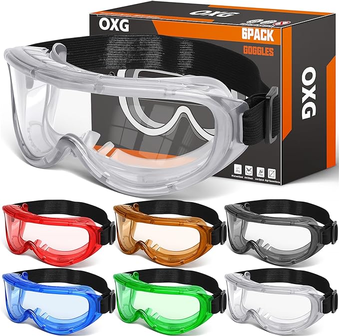 OXG 6 Pack Protective Safety Goggles Anti-Fog, Adjustable Chemical Splash Eye Protection Science Lab Goggles for Women Men