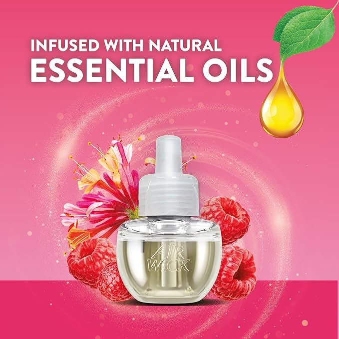 Air Wick Plug in Scented Oil Refills, 4 Count, Lush Honeysuckle and Raspberry, Air Freshener, Essential Oils, Eco Friendly