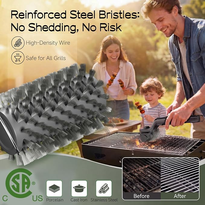 Electric Grill Brush, High Torque Grill Brush with 3-Speed Modes | 20kg Max Torque BBQ Cleaner Safe for Porcelain Cast Iron Stainless Steel, Reinforced Steel Bristles, Type-C Rechargeable