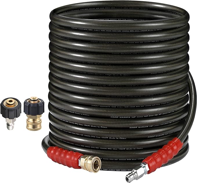 RIDGE WASHER Pressure Washer Hose 50 Feet X 3/8 Inch, 6000 PSI | 2-Wire Steel Braid Hose (R2) for Hot and Cold Water, 3/8 Inch Quick Connect