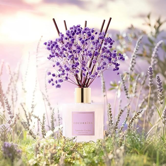Reed Diffuser - Lavender Garden 6.7 Fl.oz Reed Diffuser Set with Sticks & Preserved Baby's Breath, Reed Diffuser for Home Bathroom Shelf Decor