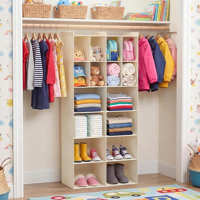 6 Tier Hanging Closet Organizer, 16 Compartments Dual Row Storage, Beige | Closet Organizers and Storage with Large & Small Pockets, 3 Sturdy Hooks Support Heavy Loads, Ideal for Dorm, Garment Rack