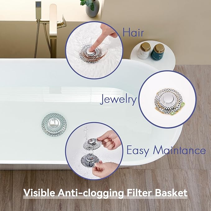 2 Pack Bathtub Drain Stopper with Removable Hair Catcher, 3-in-1 Pop-up Drain Plug Fits 1.38 to 1.8 Inch Holes, Upgrade Shower Drain Cover with Stainless Steel Filter