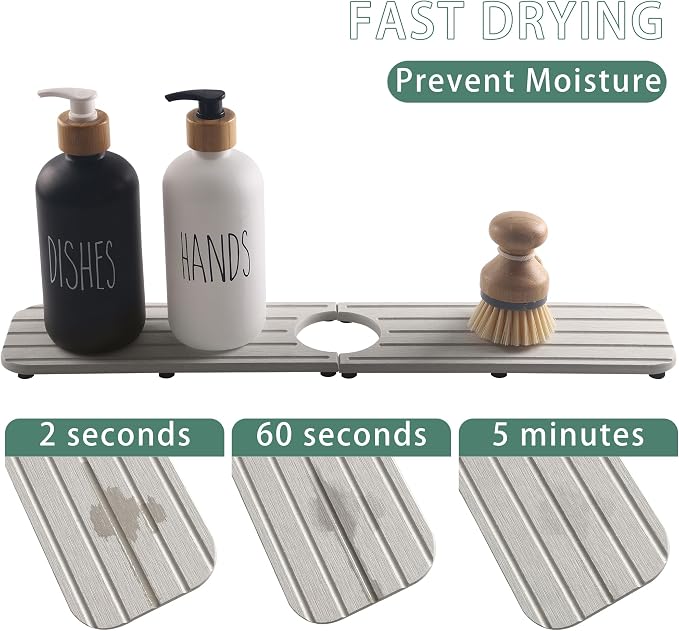 NiuYichee Faucet Mat for Kitchen Sink – Diatomite Stone Drying Mat, Absorbing Stone Tray for Bathroom Counter (Pale Gray, 19.6" x 3.9")