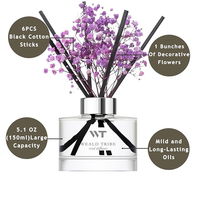 Flower Reed Diffuser Set Lavender Scent for Bathroom Accessories Shelf Decor & Air Fresheners, Sticks Defusers with 5.1 fl oz Essential Oils & Leaves, House Bedroom Office Decor & Gifts