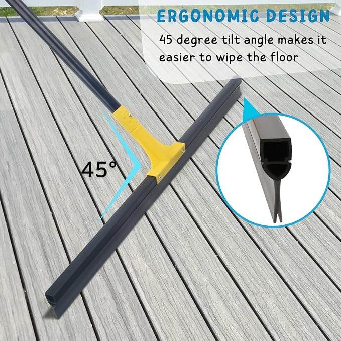 Floor Squeegee for Concrete, 30'' Large Rubber Broom for Tile, 59'' Long Handle Heavy Duty Water Wiper for Garage, Deck