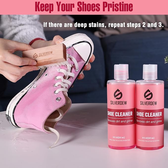 4PCS Shoe Cleaning Kit, Pink | 16oz Sneaker Cleaner, Nylon Brushes, Microfiber Towel, For Leather, Canvas, Mesh, Rubber & Synthetic Materials