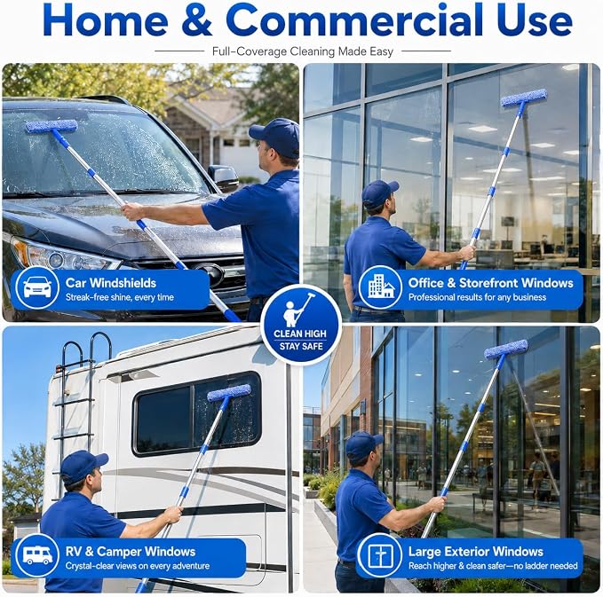 120“Professional Squeegee Window Cleaning Kit with Extension Pole | Streak-Free Silicone Blade,Smooth & Quiet Glide,for Shower Glass Door,Enclosure Cleaning,High Windows