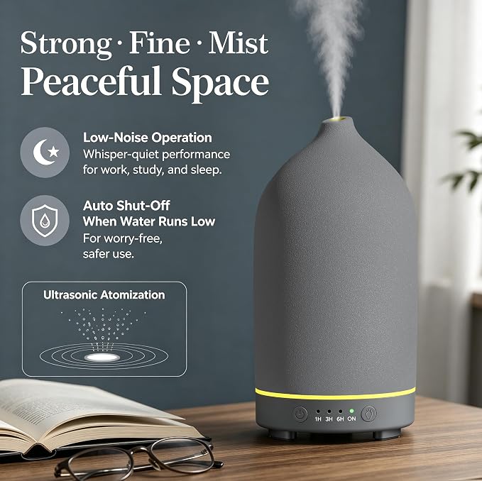 200ML Ceramic Essential Oil Diffuser for Home, Stone Diffuser | Ultrasonic Aromatherapy Diffuser & Air Humidifier for Bedroom, Office, Yoga, 7 LED Lights, Auto Shut-Off, 3 Timers, Grey