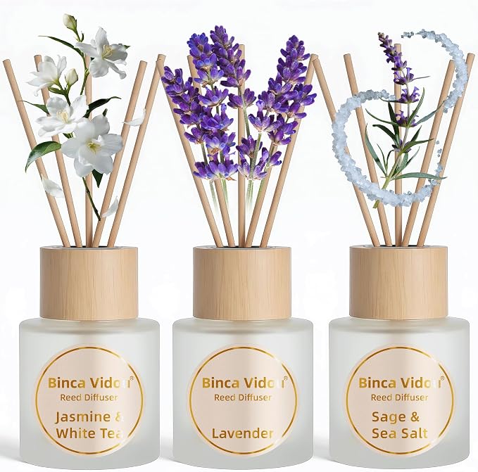 Reed Diffuser Set of 3, Binca Vidou Lavender, Jasmine & White Tea, Sage & Sea Salt Natural Scent Oil Diffusers with Sticks for Home Office Bathroom Aromatherapy Decor 1.69oz x 3
