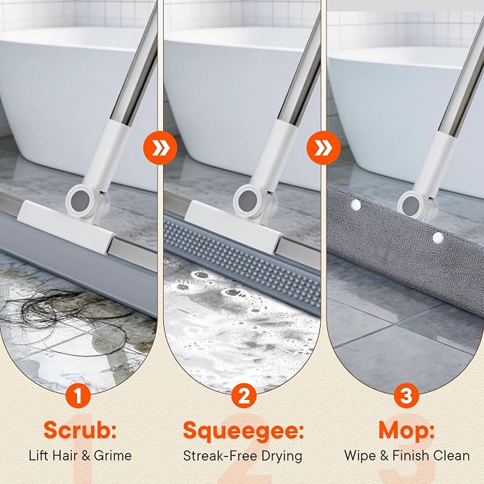 2-in-1 Floor Squeegee Broom, 180-Degree Head, 2 Microfiber Pads | 62-Inch Long Handle for Water Removal and Pet Hair on Tile and Concrete in Bathrooms, Kitchens, Showers, Garages and Patios