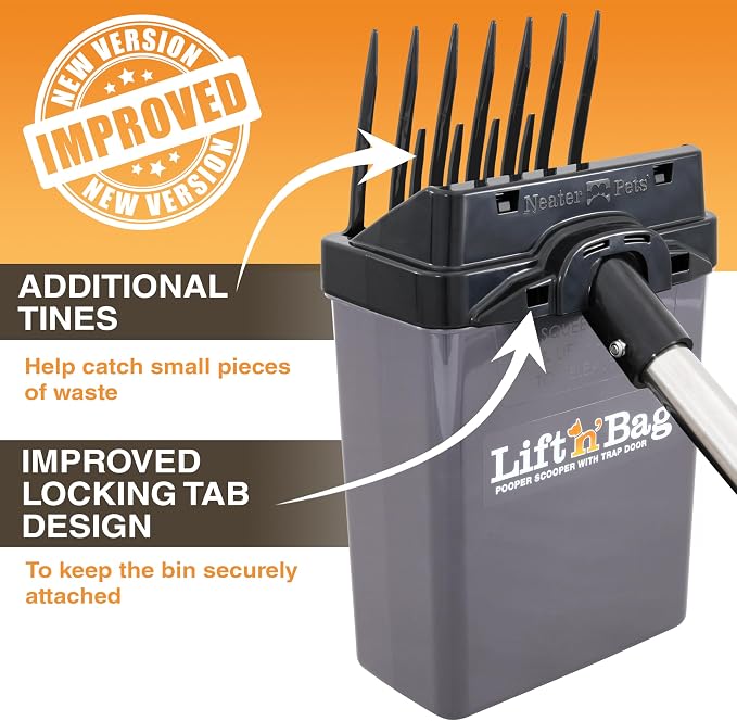 Neater Pet Brands Lift N’ Bag 2.0 Dog Pooper Scooper with Bag Attachment & 22" Pole for Small to Large Dogs, New & Improved Design, 60 Refill Bags, Heavy Duty Dog Poop Scooper for Yard, One-Hand Use