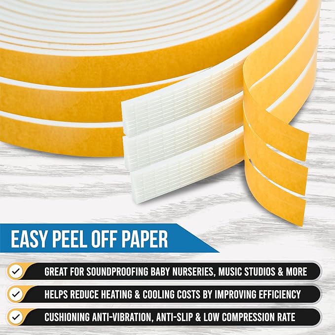 High Density Foam Weather Stripping Door Seal Strip Insulation Tape Roll for Insulating Door Frame, Window, Air Conditioner | Self Adhesive Sealing Weatherstrip (White, 1/2 in x 1/4 in 30 Ft)