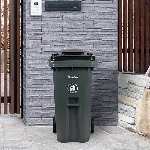 32 Gallon Trash Can Lid Outdoor Trash Can with Lid and Wheels Heavy-Duty Trash Bin for Outside Plastic 32 Gallon Garbage Can Wheeled Gray for Hospitals Restaurants Offices, Pack of 2