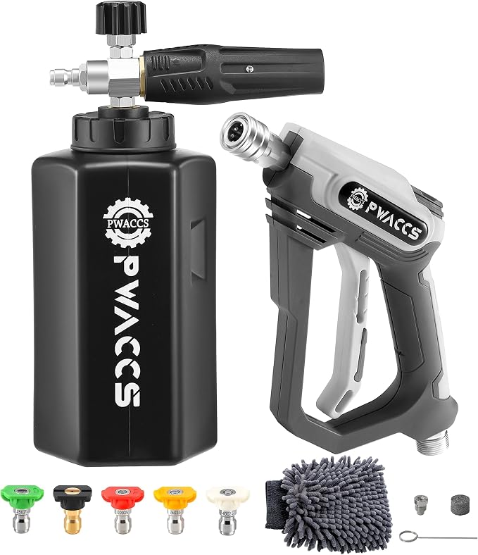 PWACCS Pressure Washer Foam Cannon Gun, Short Power Washer Wand, 1.5 Liter | Car Wash Kit Foam Cannon, 1/4" Quick Connector, Pressure Wash Handle, M22 Male Inlet, 4000 PSI