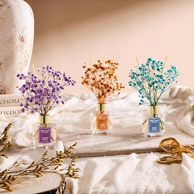 Reed Diffuser Set of 3, Ocean Breeze Sweet Orange Cashmere Vanilla Oil Reed Diffusers for Bedroom Living Room Office Aromatherapy Oil Reed Diffuser for Gift 50ml x 3