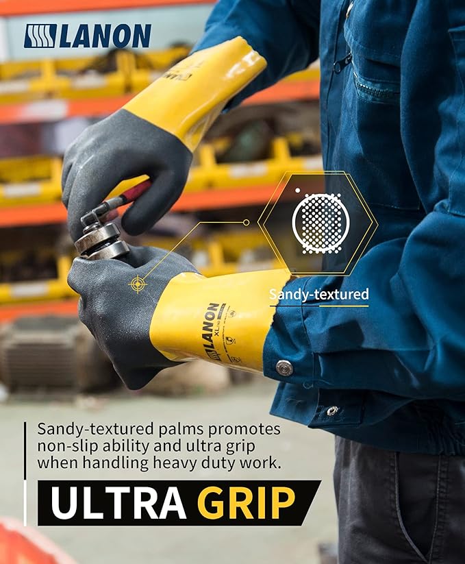 LANON 3 Pairs PVC Chemical Gloves, Thick Rubber Work Gloves, Heavy-Duty, EN 374/388, Acid, Alkali and Oil, Non-Slip, XL