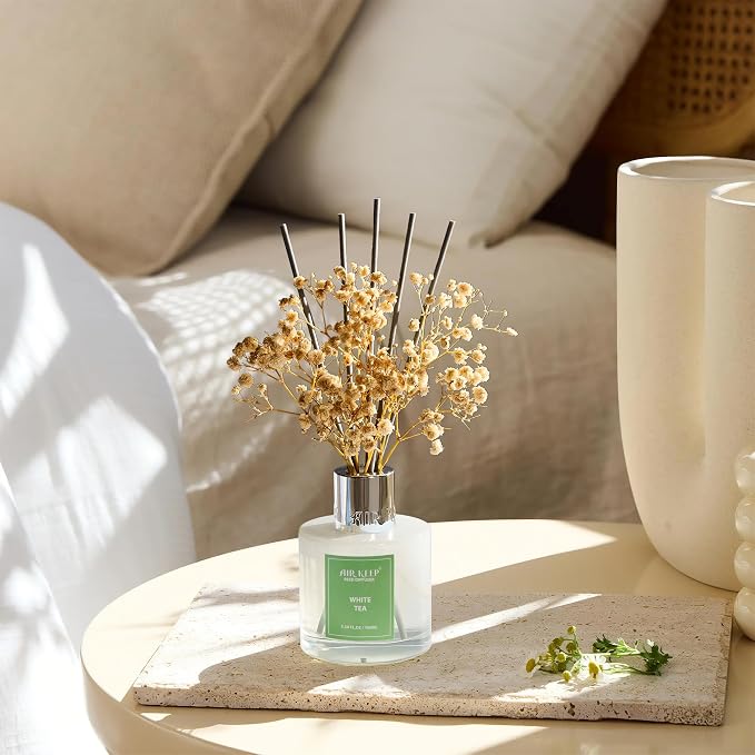 Reed Diffuser Set,3.38 fl oz (100 ml) - White Tea Oil Diffusers with 8 Reed Sticks, Home Fragrance Reed Diffuser for Bathroom Shelf Decor